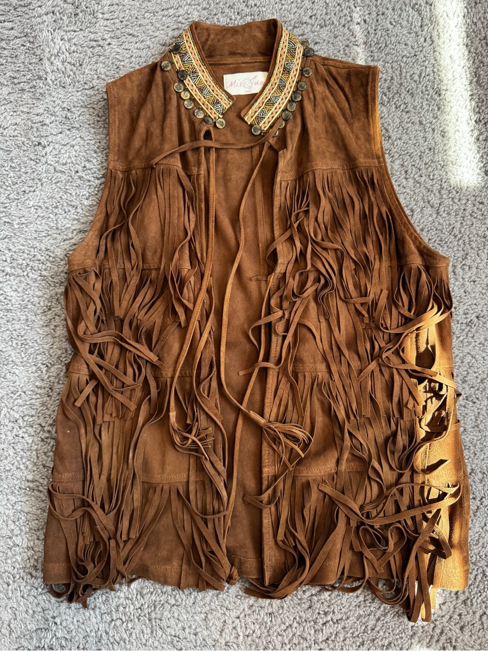 Boho Fringe Suede-Look Brown Tunic Vest with Embellished Collar
